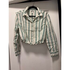 Future Collective Womens Green White Striped Cropped Button Down Shirt Size M